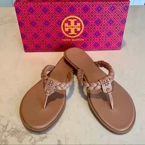 Tory Burch Braided Leather Benton Thong in soft nude leather. Like new!